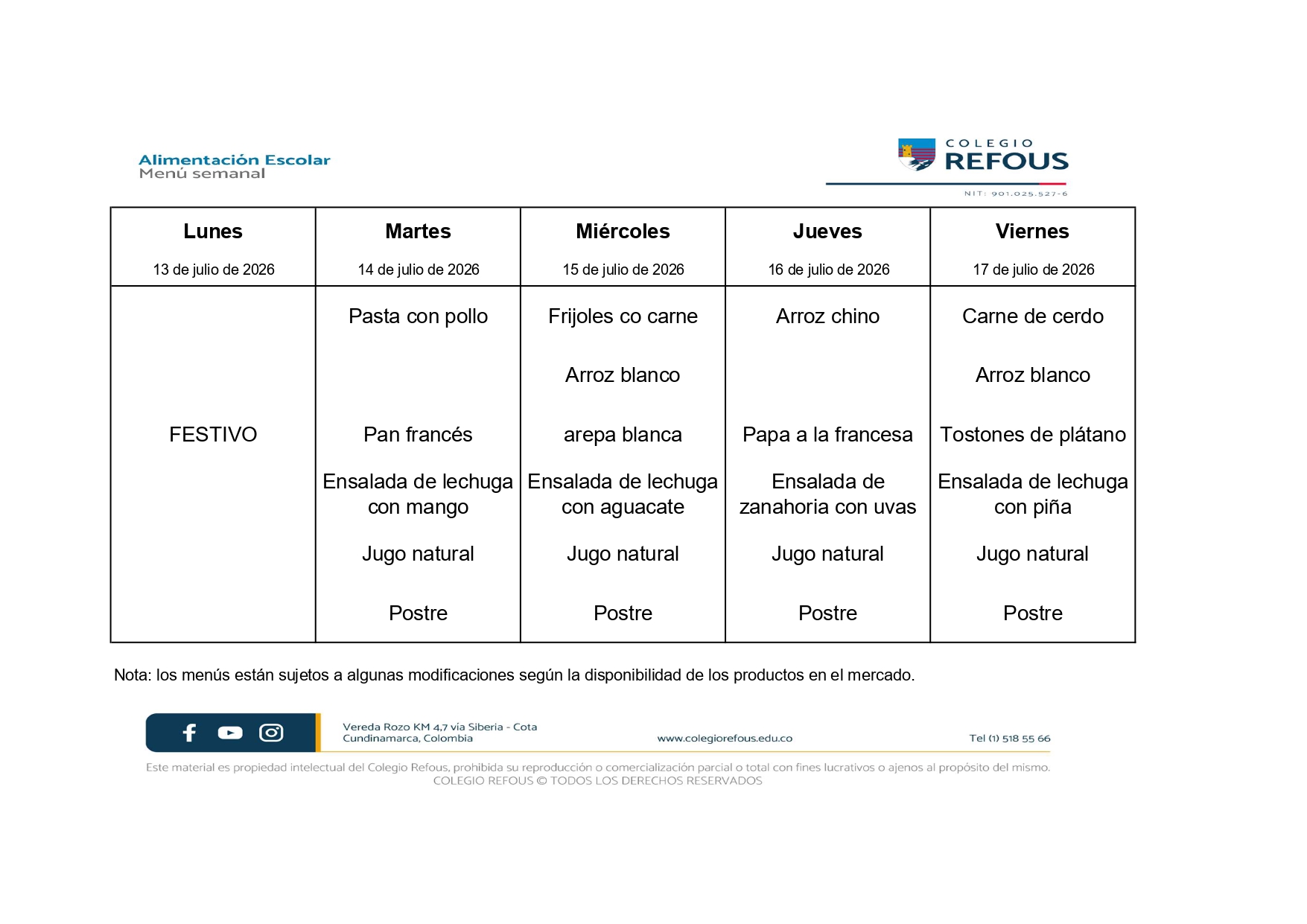 14 al 17 de julio de 2026 - Alimentación escolar