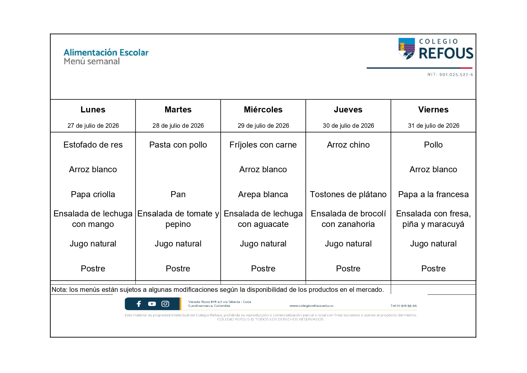27 al 31 de julio de 2026 - Alimentación escolar